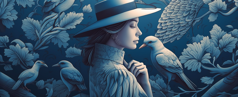 背景上有带花装饰戴礼帽的蓝色帽子的女人超写实的鸟类研究风格,插画/手绘图,插画/手绘图库,插画/手绘图下载,插画/手绘